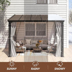 10 x10FT Outdoor Wall-Mounted Hardtop Gazebo, Aluminum Frame Lean to Gazebo with Polycarbonate Roof and Curtains for Patio, Garden, Deck