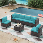 Outdoor Patio Furniture Set, 7 Pieces Outdoor Furniture All Weather Patio Sectional Sofa PE Wicker Modular Conversation Sets with Coffee Table,6 Chairs & Seat Clips(Turquoise Blue)