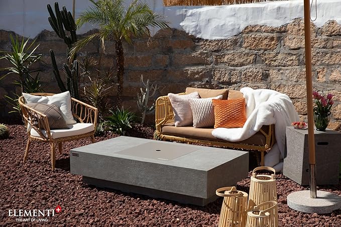 Elementi+ | Monte Carlo Gas Fire Pit Cast Concrete 60" Rectangular Fire Table, Outdoor Fire Pit Electronic Ignition | Canvas Cover, Fire Glass and Burner Lid Included | Light Gray | Natural Gas