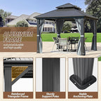 9.5' x 9.5' Hardtop Gazebo, Galvanized Steel Double Roof Gazebo with Nettings and Curtain Outdoor Aluminum Frame Vertical Stripes Roof Gazebos for Patio, Deck,Backyard