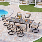 PHI VILLA 7 Piece Outdoor Furniture Dining Set, All-Weather Metal Steel Conversation Set Includes 6 Chairs and 1 Extendable Dining Table for Patio Garden Deck