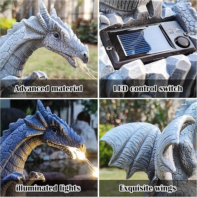 Solar Dragon Garden Statues Outdoor Lights Watering Decor, Resin Dragon Figurine with 30 LED String Lights Lawn Patio Balcony Art Decoration,Housewarming, Birthday,Mothers Day Mom Gifts