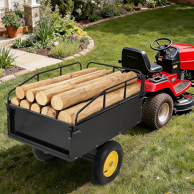 Heavy Duty ATV Dump Cart - Steel Tow Behind Trailer, 750 lbs, 15 Cubic Feet Garden Utility with Removable Sides