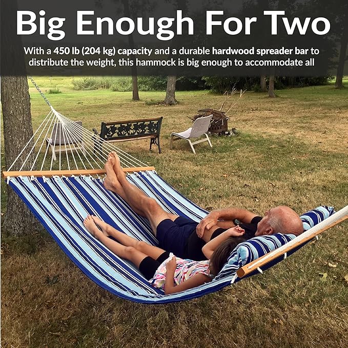 Sunnydaze Quilted Outdoor Hammock with Spreader Bars - Heavy-Duty 450-Pound Capacity Double Hammock for Outside - Catalina Beach