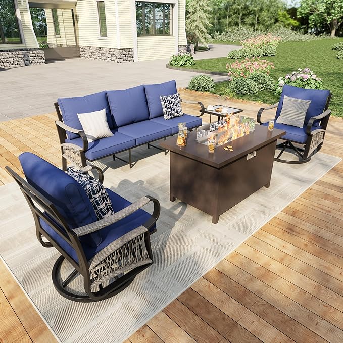 5 Pieces Modern Patio Furniture Set, All Weather Metal Outdoor Conversation Sets with Fire Pit Table for Backyard Garden Deck Porch Poolside, Blue
