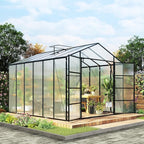 10*12*8.7FT Greenhouse for Outdoors,Polycarbonate Greenhouse with Stronger Wind Protection and Roof Vent,Walk-in Large Aluminum Sunroom Winter Proof,Black