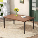 DIFY 63" Outdoor Patio Dining Table for 6, Metal Rectangular Steel Slat Patio Table with 1.57" Adjustable Umbrella Hole, Weather-Resistant for Garden Backyard Poolside Deck, Walnut