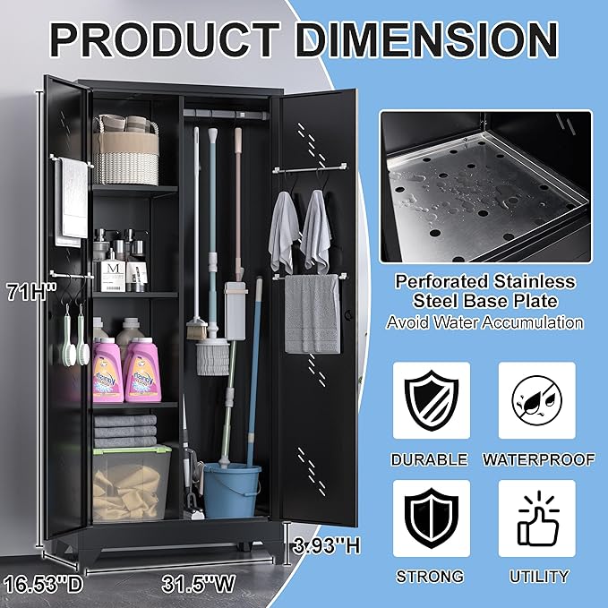 71" Outdoor Storage Cabinet – Heavy-Duty Lockable Metal Shed with Ventilated Doors, Perforated Stainless-Steel Bottom, Hanging Rod & Hooks, Easy Assembly