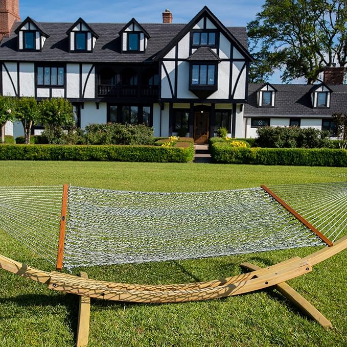 Original Pawleys Island Large Green DuraCord Rope Hammock – 13 ft. x 55 in., 2-Person, 450 lb Capacity, Oak Spreader Bar, Zinc-Plated Hardware, Handcrafted in The USA