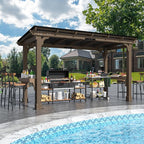6 x 13 FT Wooden Grill Gazebo with Sloping Metal Roof, BBQ Canopy with Stakes for Outdoor Patio, Garden, Lawn, Light Mocha Brown