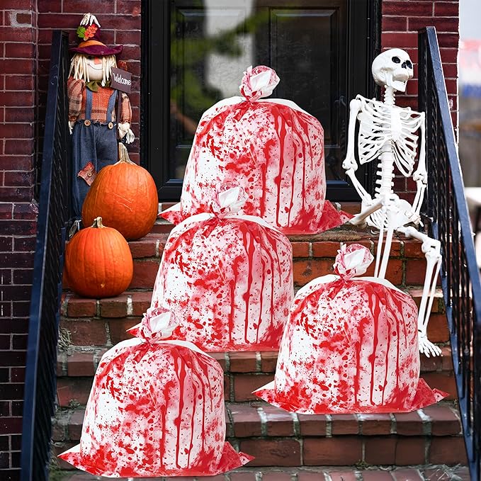 CNhoqc Halloween Lawn Leaf Bags - 16Pcs Halloween Bloody-Themed Thick Plastic Garbage Bags with Twist Ties, Fall Yard Leaf Trash Equiement, Reusable Plastic for Garden Outdoor Decorations Party Favor