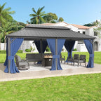 12'x20' Hardtop Gazebo,Double Roof, Outdoor Galvanized Steel Metal Gazebo with Curtains and Netting for Patios, Gardens, Lawns, NavyBlue