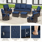 7 Pieces Patio Furniture Set,Outdoor Sofa & High Back Swivel Rocker Patio Chairs, Wicker Conversation Set with Ottoman for Deck Yard and Poolside
