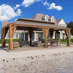 12' X 24' Hardtop Gazebo Outdoor Aluminum Patio Gazebo Double Roof Galvanized Steel Canopy Wooden Finish Coated with Netting and Curtains for Garden, Backyard,Deck and Lawns