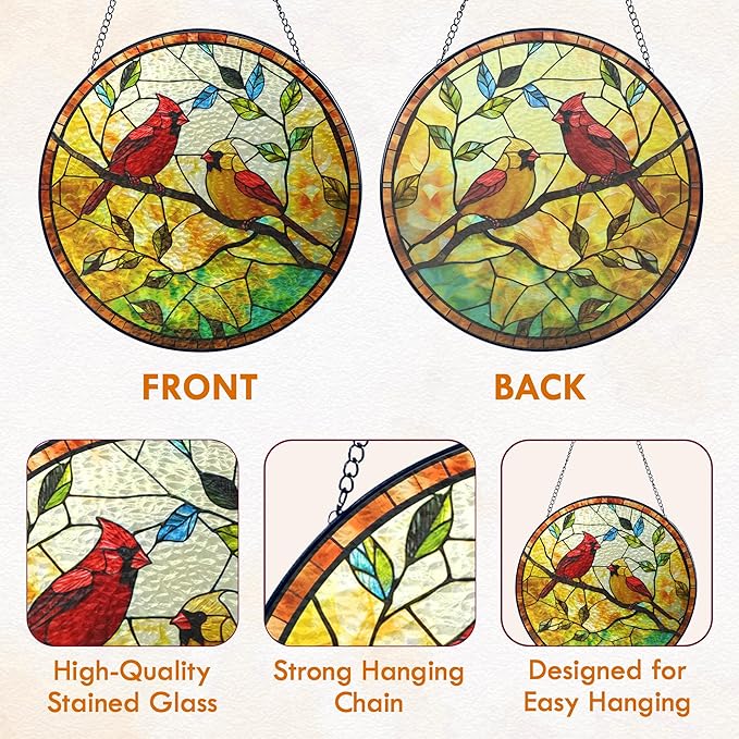 FLAGWIX Red Cardinal Gifts for Women Men - Stained Glass Window Hanging 8 in - Sun Catchers Indoor Window for Home Decor, Sympathy Bereavement Cardinal Memorial Gift Ideas