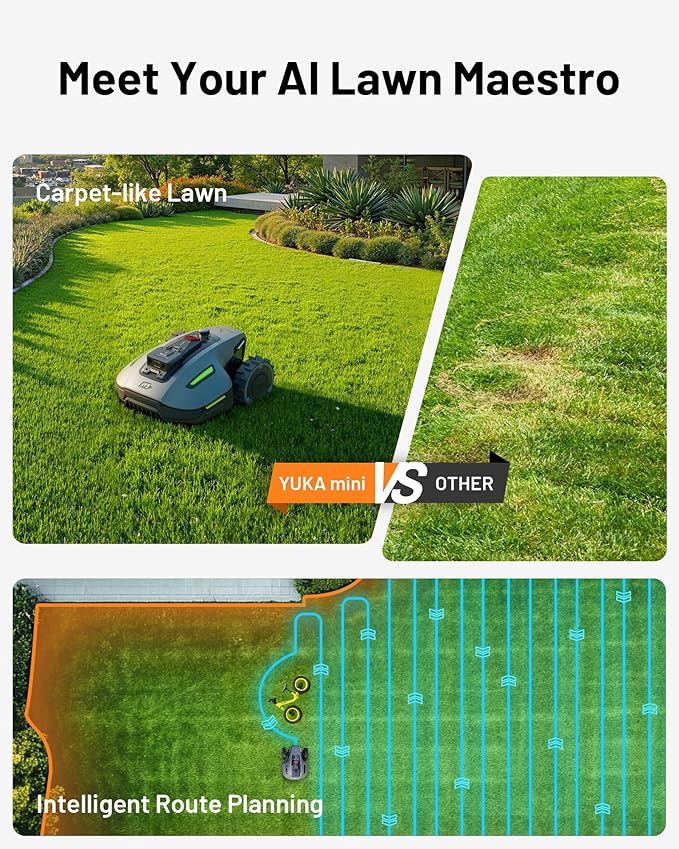 Mammotion YUKA Mini 500H Robotic Lawn Mower Reception 0.12 Acre,Max. 0.25 Acre, Ultrasense AI Vision+ RTK Positioning, Auto Mapping, App Control, 50% Slope, Cutting Height 2''~3.5'', 15 Mowing Zones