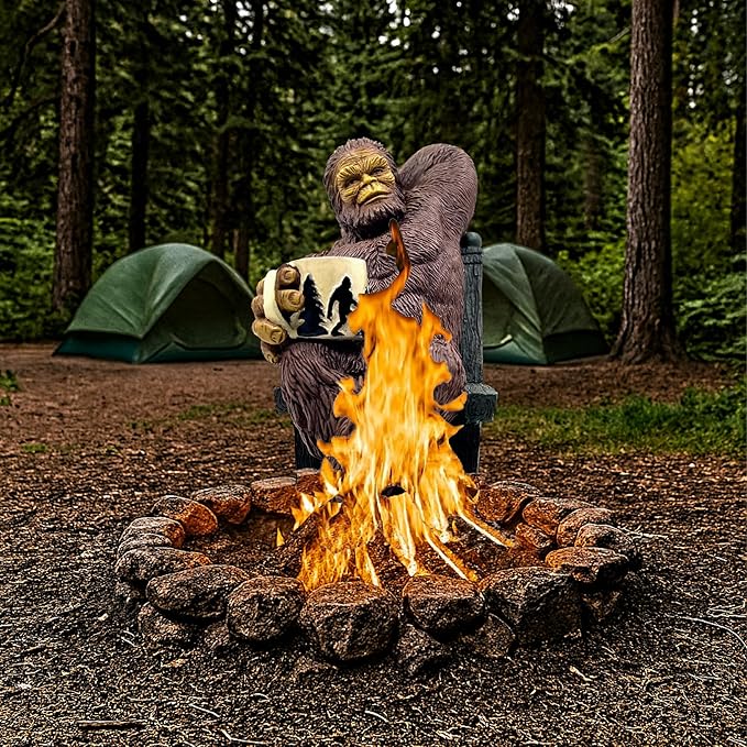 Bella Haus Bigfoot Garden Statue | Sasquatch Enjoying Morning Coffee | Whimsical Bigfoot Cabin Décor for Yard Patio Office or Home | Mythical Coffee-Loving Sasquatch Figurine | Hand-Painted Resin