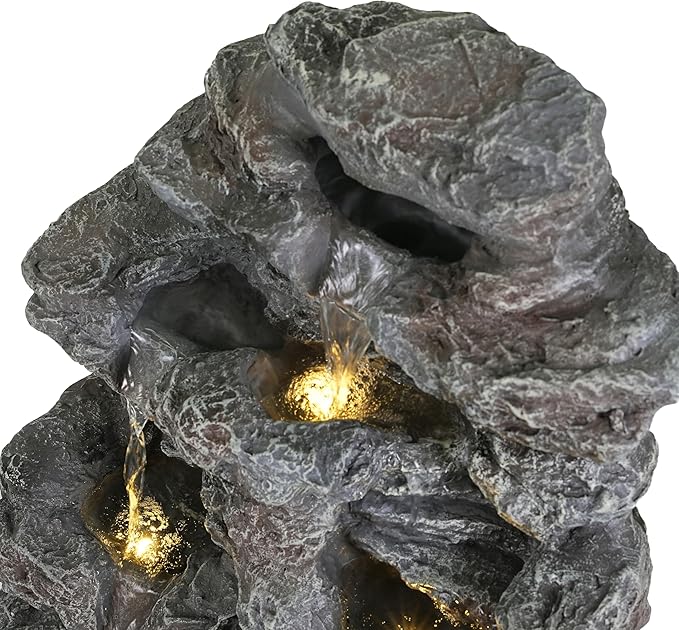 5-Tiered Concrete Tall Slim Fountain, 23.85" H –LED-Lit Column, Space-Saving Modern Outdoor Accent, All-Weather Resistant