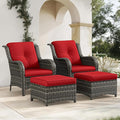 4 Pieces Patio Conversation Set, Wicker Chairs Set of 2 and Two Ottomans with 3.5-inch Seat Cushions, High Back and Curved Armrest for Backyard, Balcony and Deck, Red