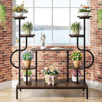 Tribesigns 8-Tier Metal Plant Stand, Large Tall Plant Shelf for Multiple Plants, Round & Square Boards, Wood Indoor Ladder Holder Flower Rack for Living Room, Patio, Balcony (Rustic Brown & Black)