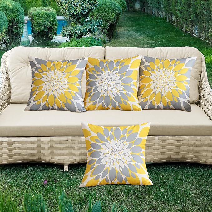 Qahing Pack of 4 Fall Outdoor Waterproof Pillow Covers 18x18 Decorative Outdoor Throw Pillows Garden Square Cushion Cases for Patio Furniture, Couch, Tent Sunbrella, Bench, Mustard Yellow Grey