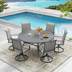 DIFY 53.1" Round Outdoor Patio Dining Table for 6-8, All-Weather Metal Steel Slatted Patio Table with 1.57" Adjustable Umbrella Hole, for Lawn Garden Porch Backyard, Grey