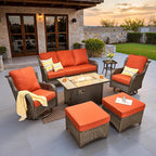 ovios 7 Pieces Patio Furniture Set, Outdoor Wicker Sofa Couch with Swivel Chairs 42" Fire Pit Table, High Back All Weather Modern Conversation Sets, Brown Rattan, Orange Red