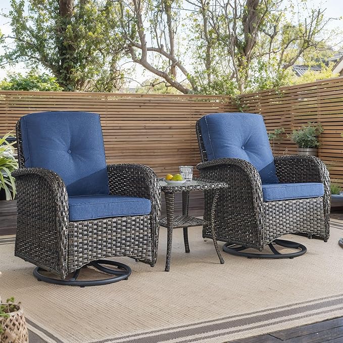 HUMMUH Outdoor Swivel Chairs,3 Pieces Patio Furniture Set with 360 Degree Wicker Swivel Rocking Chairs and Side Table for Garden,Porch,Backyard (Brown/Blue)