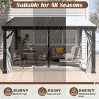 12' x 14' Hardtop Wall Mounted Gazebo, Lean to Gazebo with Galvanized Steel Roof Aluminum Frame Wall Gazebos Pergola with Netting&Curtains for Outdoor, Backyard, Patio