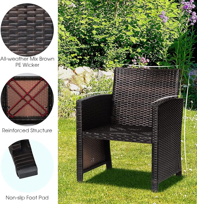 Tangkula 3 Pieces Outdoor Wicker Conversation Set with Waterproof Cover, 2 Patio PE Rattan Cushioned Chairs with Side Storage Table, Suitable for Front Porch, Balcony, Garden, Poolside and Yard (Grey)