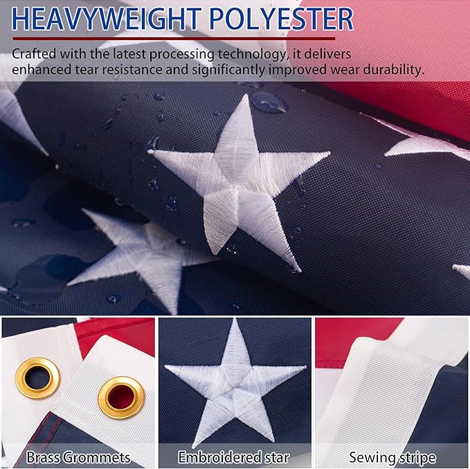 american flag 5x8ft, Heavy Duty Polyester USA Flag Outdoor with Embroidered Stars, Sewn Stripes,Brass Grommets for Indoor, Outdoor, All Weather