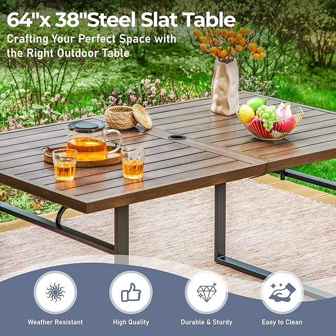 7 Piece Patio Dining Set for 6, 64” Rectangular Wood-Like Metal Table with Umbrella Hole and 6 Chairs, Outdoor Table and Chairs Set for Lawn Backyard and Deck, Brown