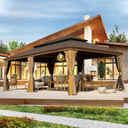Domi 14' X 24' Hardtop Gazebo Outdoor Metal Gazebo Canopy with Galvanized Steel Double Roof, Wood Grain Aluminum Frame, Curtains and Netting for Patio, Deck, Garden