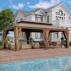 14' X 22' Hardtop Gazebo, Aluminum Wood-Looking Frame Outdoor Permanent Galvanized Steel Double Roof Pavilion Pergola Canopy with Privacy Curtains for Garden, Patio, Backyard, Deck and Lawns.