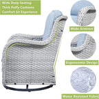 Outdoor Patio Swivel Rocker Chairs - 3 Piece Patio Bistro Set,Wicker Patio Furniture Set with 2 Swivel Rocking Chairs and 1 Glass Top Side Table for Deck Porch Garden,Light Grey/SkyBlue