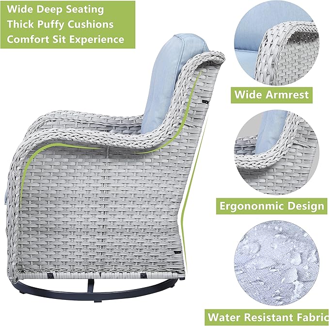 Outdoor Patio Swivel Rocker Chairs - 3 Piece Patio Bistro Set,Wicker Patio Furniture Set with 2 Swivel Rocking Chairs and 1 Glass Top Side Table for Deck Porch Garden,Light Grey/SkyBlue