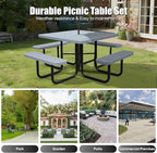 8-Person Outdoor Picnic Tables,46" Heavy-Duty Metal Square Picnic Table,Expanded Metal Commercial-Grade Table with 4 Benches & Umbrella Hole,Waterproof Coating Beach Table for Patio,Garden, Backyard