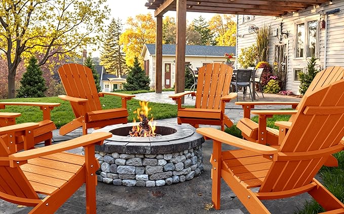 YEFU Adirondack Chairs Set of 4: Outdoor Chair HIPS Plastic Adirondack Chairs - Patio Chairs with Wood Texture - Lawn Fire Pit Deck Porch Garden Chairs for Adults (Tangerine)