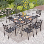 PHI VILLA 7-Piece Metal Patio Outdoor Table and Chairs Outdoor Dining Set - 60" Patio Table with Umbrella Hole and 6 Backyard Garden Chairs, Black