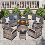 MEISSALIVVE 9 Piece Outdoor Patio Furniture Set, Half-Moon Curved Sectional Sofa Rattan Conversation Set with 2 Wood Armrests Swivel Rocker Chairs, Round Coffee Table & Side Table（Grey）