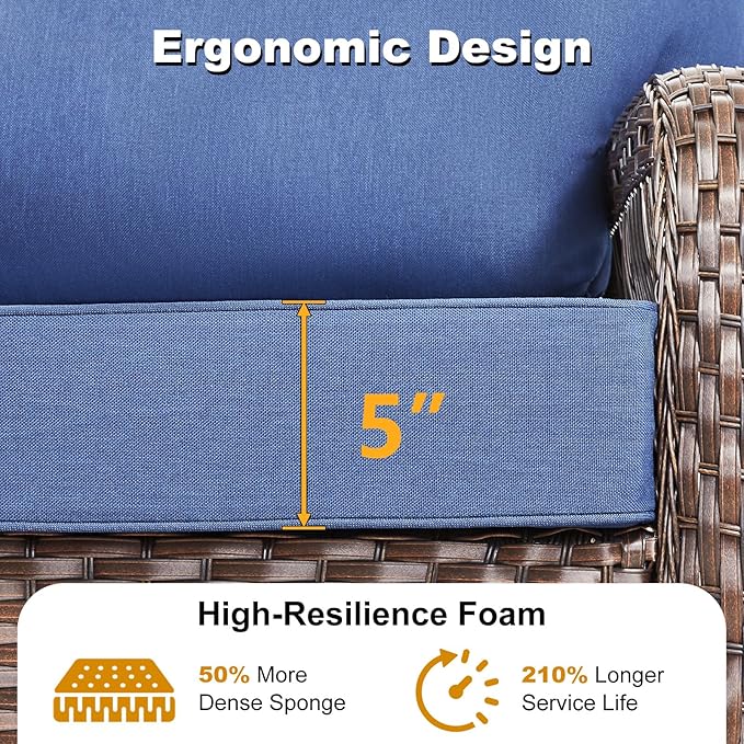 Patio Furniture Sets, 6 Pieces Wicker Outdoor Furniture with Patio Sidetables - 360 Degree Swivel Rocking Chairs and Rattan Side Table for Garden, Porch, Backyard, Blue/Brown Wicker