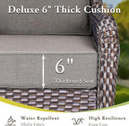 Luxury High Back Outdoor Furniture with 6-inch Extra Thick Cushions, Patio Furniture Set with Fire Pit Table & Swivel Chairs, 9 PCS Wicker Conversation Set for Yard, Deck, Poolside, Brown/Grey