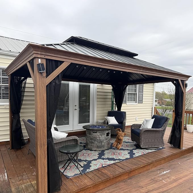 PURPLE LEAF 12' X 14' Outdoor Hardtop Gazebo for Patio Galvanized Steel Double Roof Permanent Canopy Teak Finish Coated Aluminum Frame Pavilion Gazebo with Netting