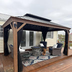 PURPLE LEAF 12' X 14' Outdoor Hardtop Gazebo for Patio Galvanized Steel Double Roof Permanent Canopy Teak Finish Coated Aluminum Frame Pavilion Gazebo with Netting