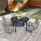 7 Pieces Round Dining Table Set for 6, Patio Dining Set Includes 6 Grey Stackable Patio Chairs and 1 Black Round Table Set of 6, Patio Furniture Sets with Sling Support for Outside, Garden