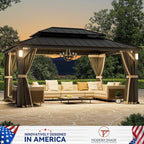 Modern Shade The Horizon Hardtop Gazebo 12' x 16' with 4 LED Lights, Permanent Outdoor Gazebo with Galvanized Steel Double Roof, Grill Pavilion with Decor Hooks, Mosquito Nettings, Black