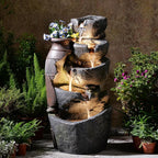 5-Tiers Cascading Rock Jar Water Fountain Outdoor, 31.7" H Outside Fountains and Waterfalls with 4 LED Lights for Patio, Deck, Porch, Backyard and Home Art Docor