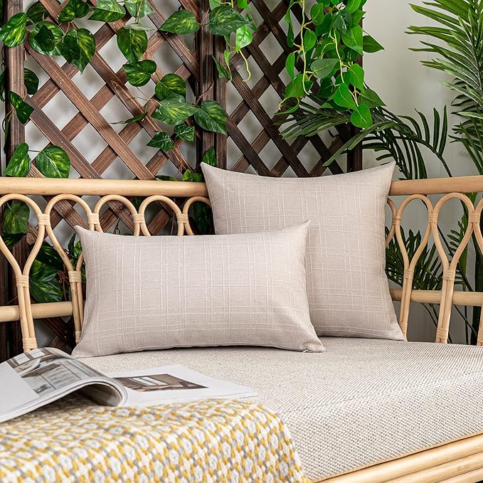 Kevin Textile Pack of 2 Outdoor Waterproof Throw Pillow Covers Decorative Square Outdoor Checkered Pillows Cushion Case Patio Pillows for Couch 12x20 inches 30x50 cm Light Beige