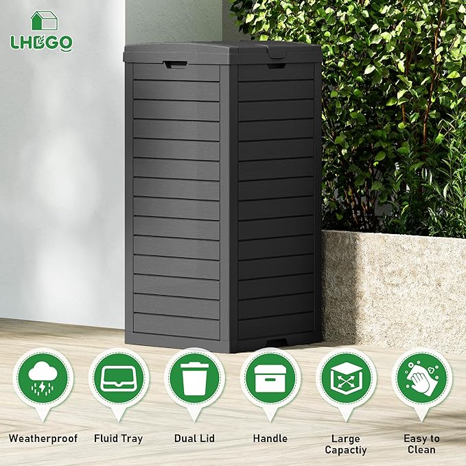 Outdoor Trash Can, 31 Gallon Garbage Can with Tiered Lid and Drip Tray, Waterproof Resin Patio Waste Bin for Garden, Backyard, Deck