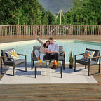 NATURAL EXPRESSIONS 4 Pieces Patio Furniture Sets,Metal Outdoor Patio Furniture Sets,Outdoor Sectional Patio Conversation Set,Wooden Anti-Scald Armrest,Sling Mesh,4" Olefin Cushions Dark Grey
